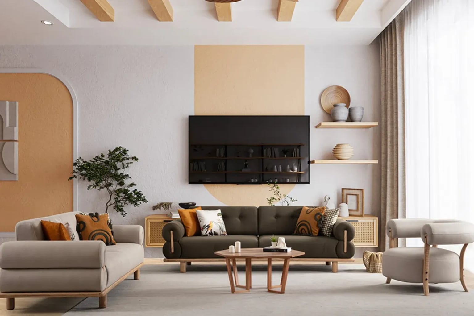 Kavisli bej bir kumaş koltuk, doğal ahşap yuvarlak orta sehpa ve terracotta rengi berjerin yer aldığı, doğal malzemelerle dekore edilmiş modern bir salon. Yumuşak doğal ışıklandırma ve yeşil bitkilerle sıcak bir atmosfer.