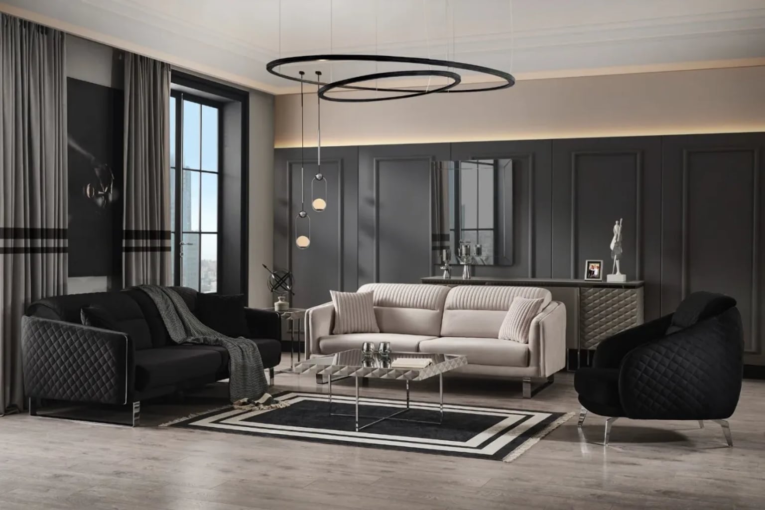 Doğal malzemelerle dekore edilmiş, krem rengi bukle kumaş modüler koltuğun ve ahşap sehpanın bulunduğu sıcak bir salon.