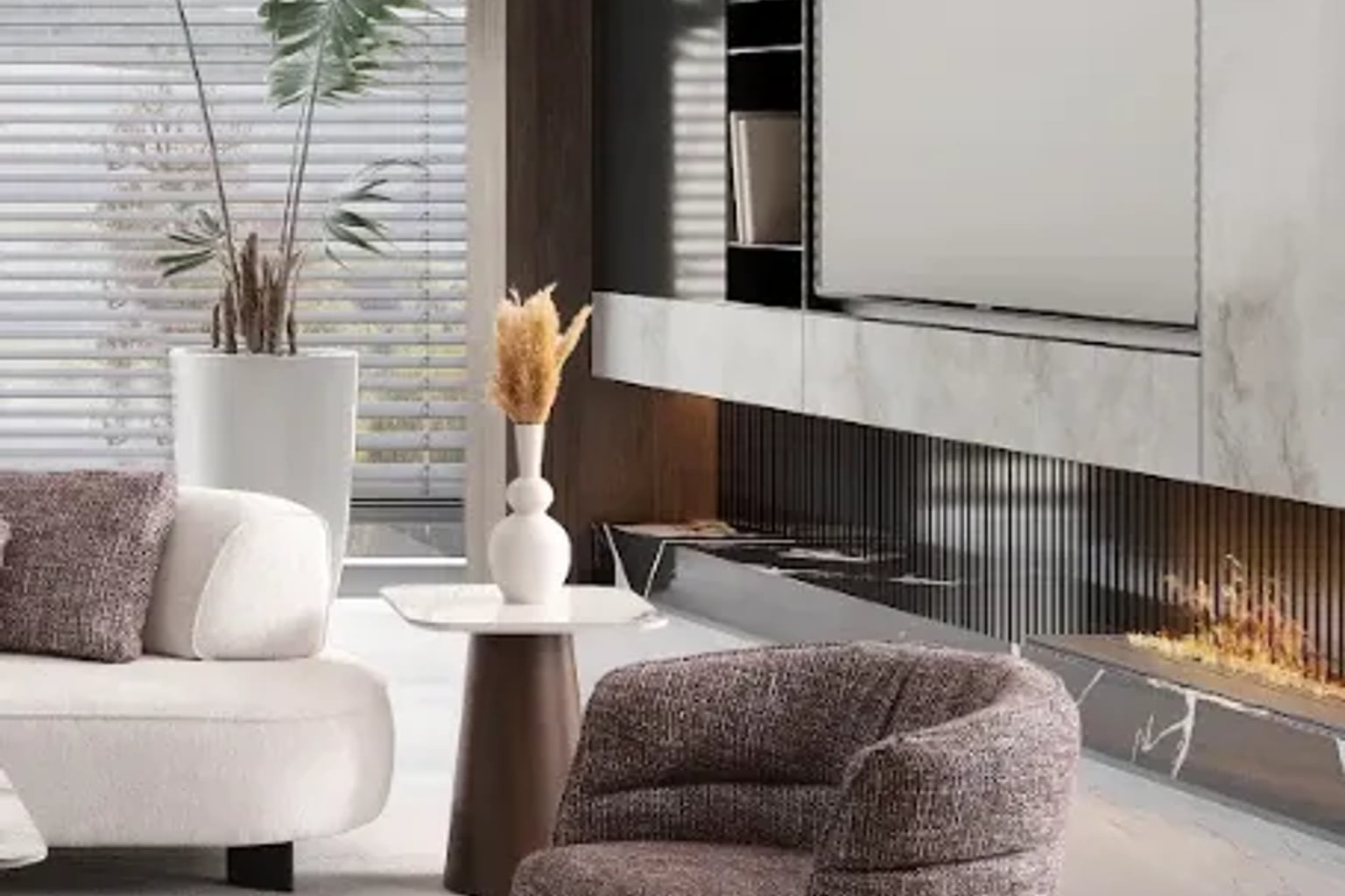 Pencere kenarında, krem rengi modern bir berjer koltuk, yanında ahşap sehpa ve okuma lambası ile oluşturulmuş şık bir okuma köşesi.