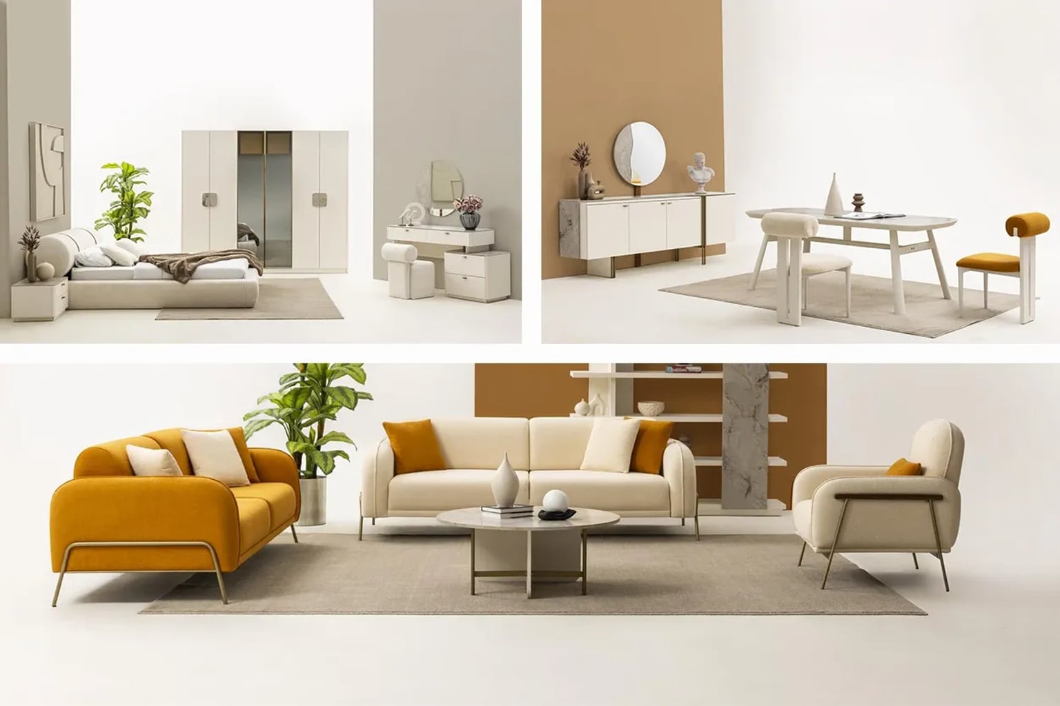 Modern salon dekorasyonu, krem rengi şık bir koltuk takımı ve ahşap orta sehpa ile tamamlanmış, doğal ışıkla aydınlatılmış sıcak bir atmosfer.