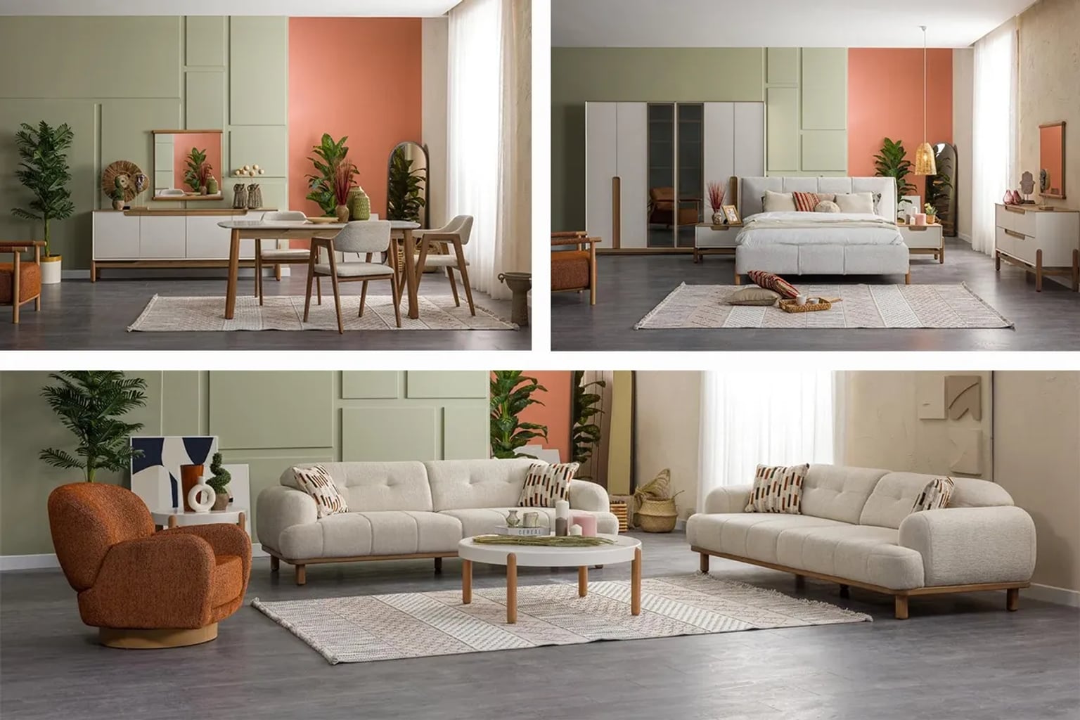 Yeni ev kuran çiftler için özenle seçilmiş, şık bir salon ve yemek odası takımını bir araya getiren modern iç mekân.
