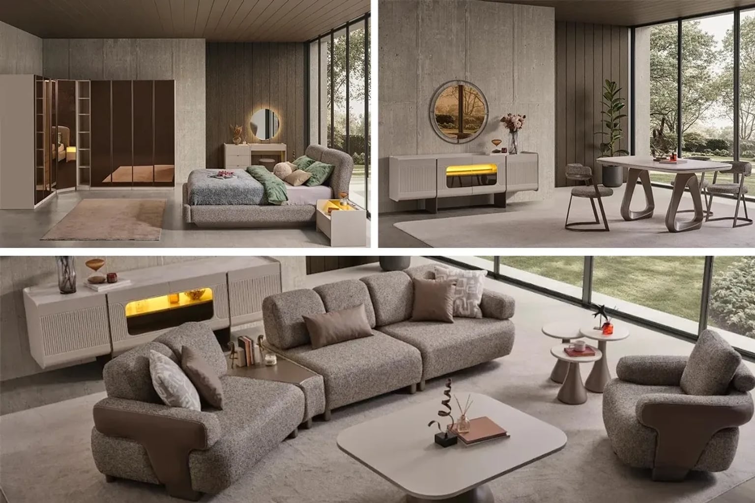 Modern ve şık bir salon, ortasında rahat bir koltuk takımı ve ahşap orta sehpa, doğal ahşap dokuları ve sıcak nötr tonlar hakim.