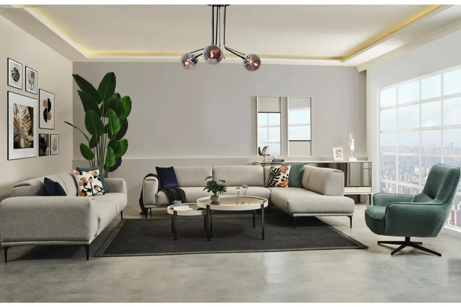 Doğal ışıkla aydınlatılmış, krem ve bej tonlarında modern bir salon, ahşap detaylı bir orta sehpa ve şık bir koltuk takımı ön planda.