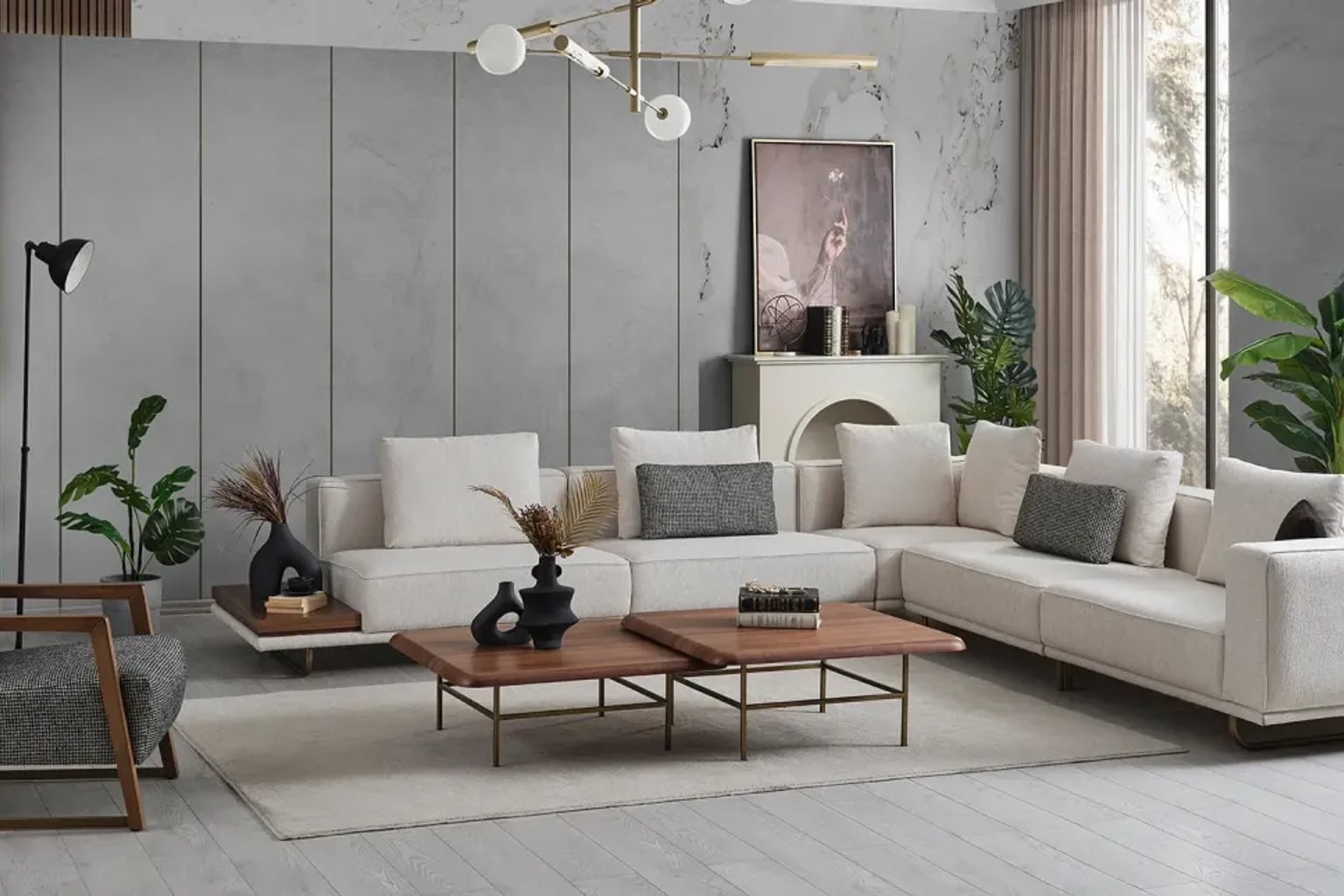 Kışlık bir salon, kadife koltuk takımı ve ahşap orta sehpa etrafında sıcak bir aydınlatma ile kışın sıcak atmosferini yansıtıyor.