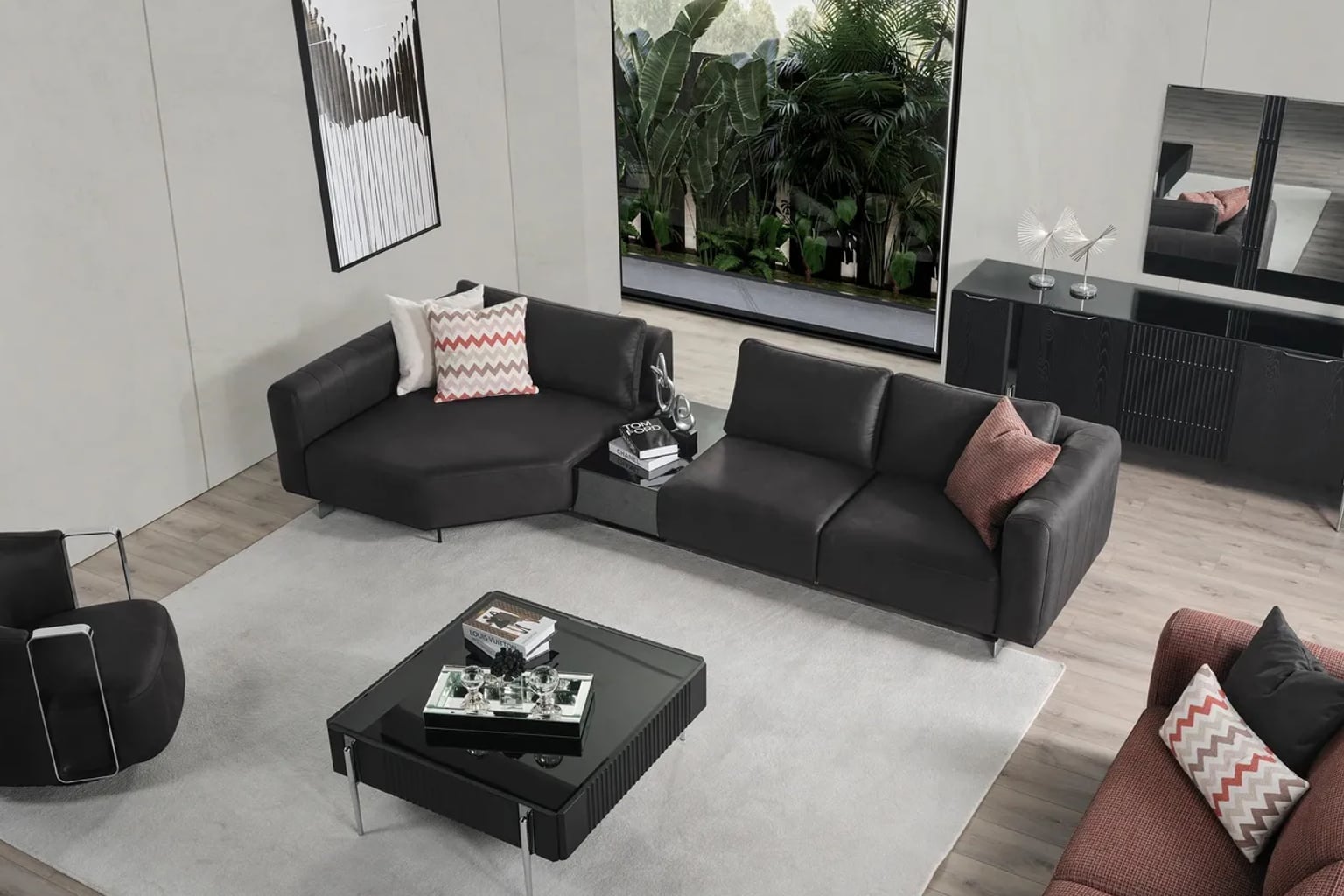 Kadife koltuk takımı ve ahşap orta sehpa ile dekore edilmiş, sıcak doğal ışık alan modern bir salon.