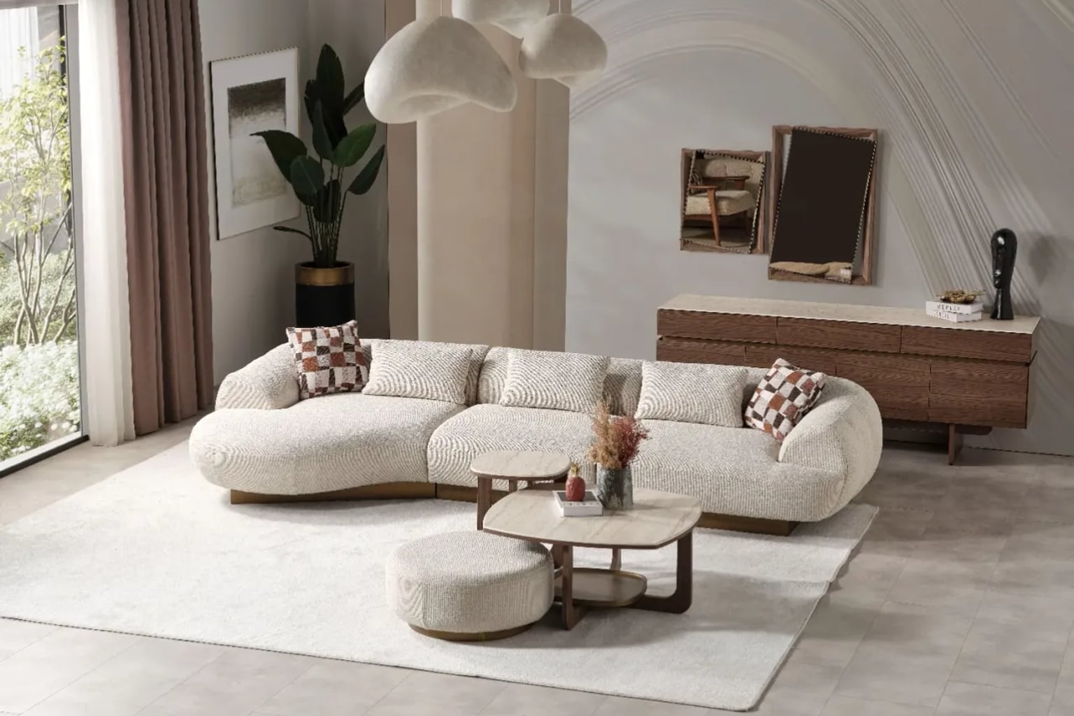 Kadife koltuklar, katmanlı battaniyeler ve sıcak aydınlatma ile kışa özel dekore edilmiş, davetkar ve zarif bir salon.