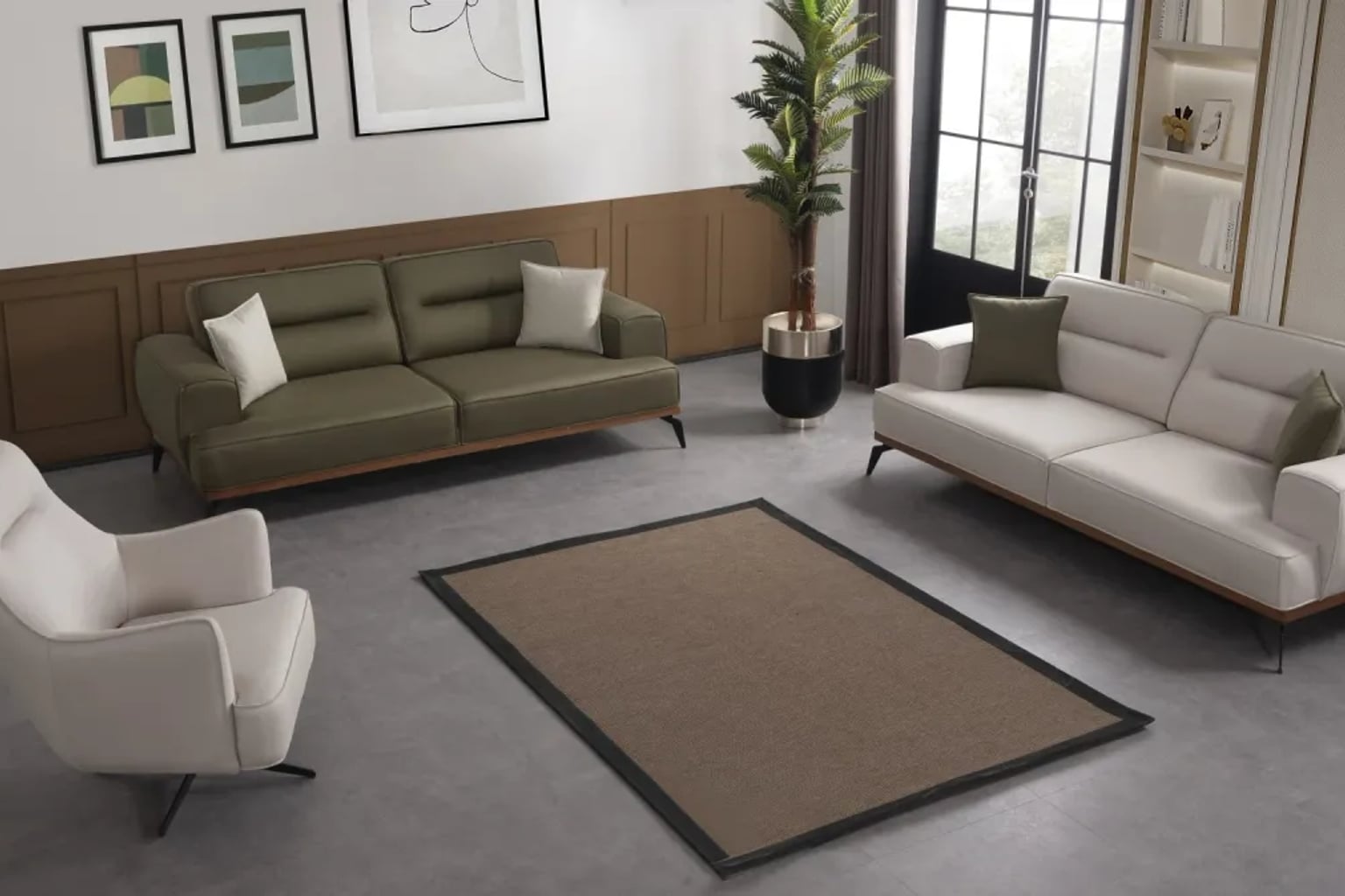 Krem rengi modern bir koltuk takımının yer aldığı sıcak ve davetkar bir salon