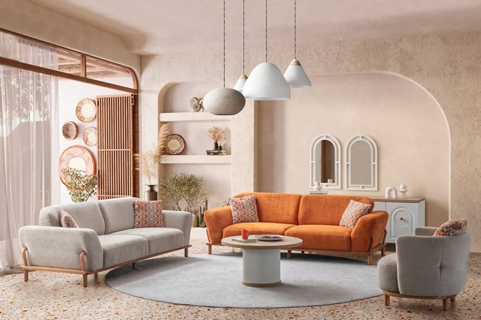 Küçük daire için tasarlanmış, açılır kanepe ve sandıklı sehpalı, modern ve şık bir salon.