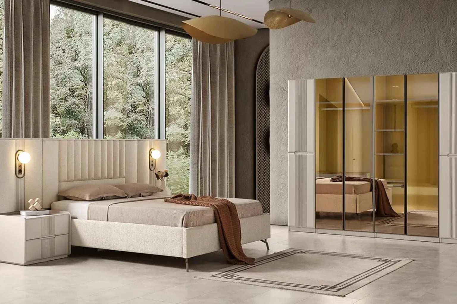 Modern ve şık bir giyinme odası iç mekanı, açık ve kapalı dolap kombinasyonları, tam boy ayna ve sıcak aydınlatma detayları ile.