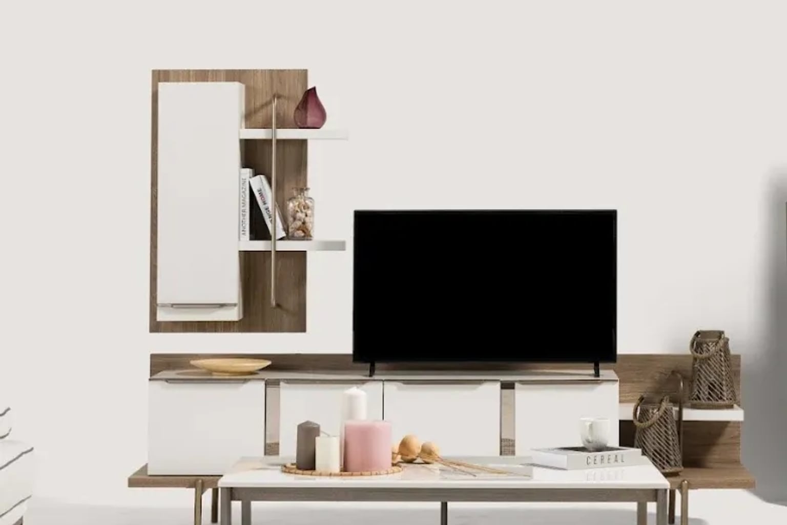 Doğal ahşap ve koyu yeşil detaylara sahip modern TV ünitesi, sıcak ve aydınlık bir salon ortamında merkezde sergileniyor.