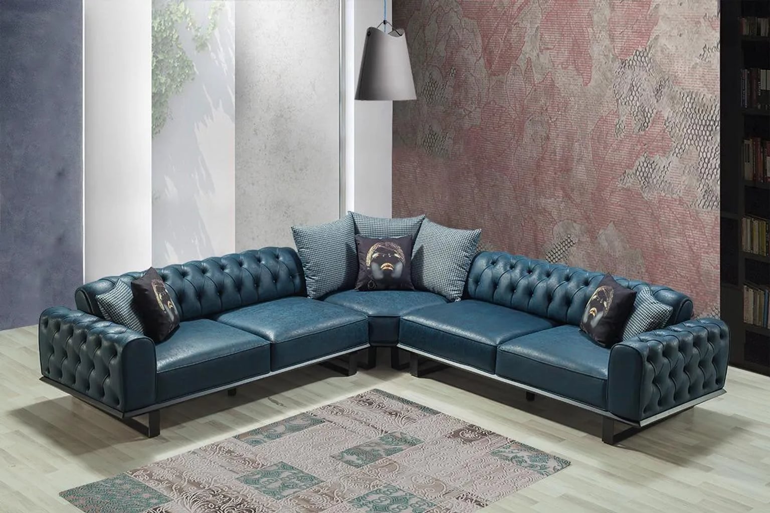 Geniş bir pencereden gelen doğal ışıkla aydınlatılmış, krem ve bej tonlarının hakim olduğu, ahşap detaylarla zenginleştirilmiş modern bir salon köşesinde sergilenen, şık tasarımlı yataklı köşe koltuk takımı.