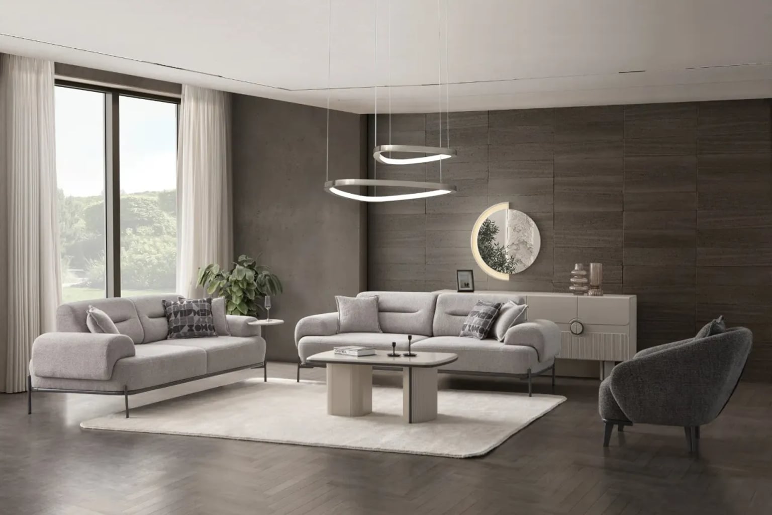 Yaz aylarında ferah bir görünüm için dekore edilmiş, açık renkli koltuk takımının ve doğal ahşap sehpanın bulunduğu modern bir salon.