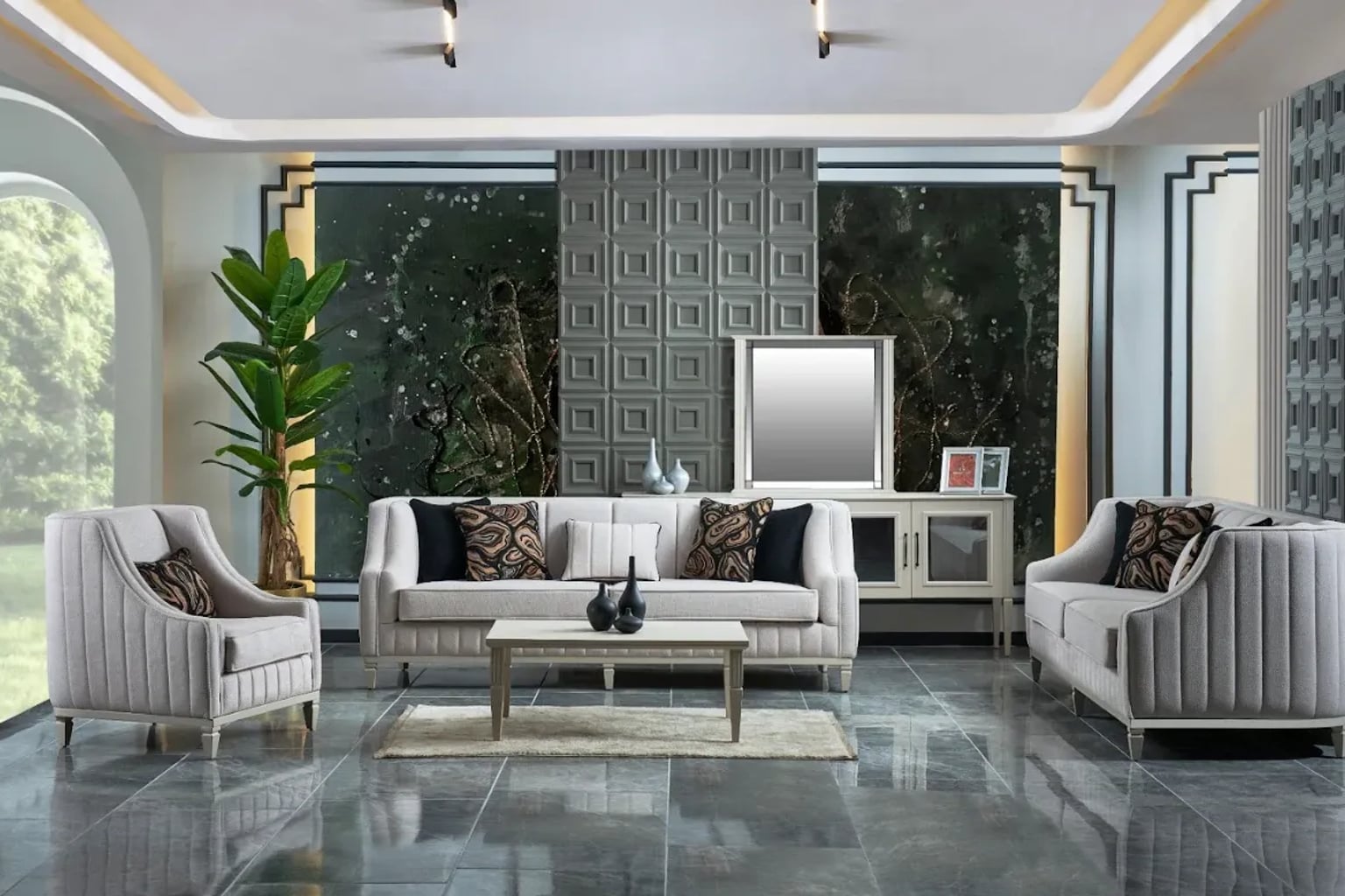 Yaz aylarında ferah bir salon: Krem rengi keten koltuk takımı, doğal ışık alan pencereler ve minimal bitki detayları.