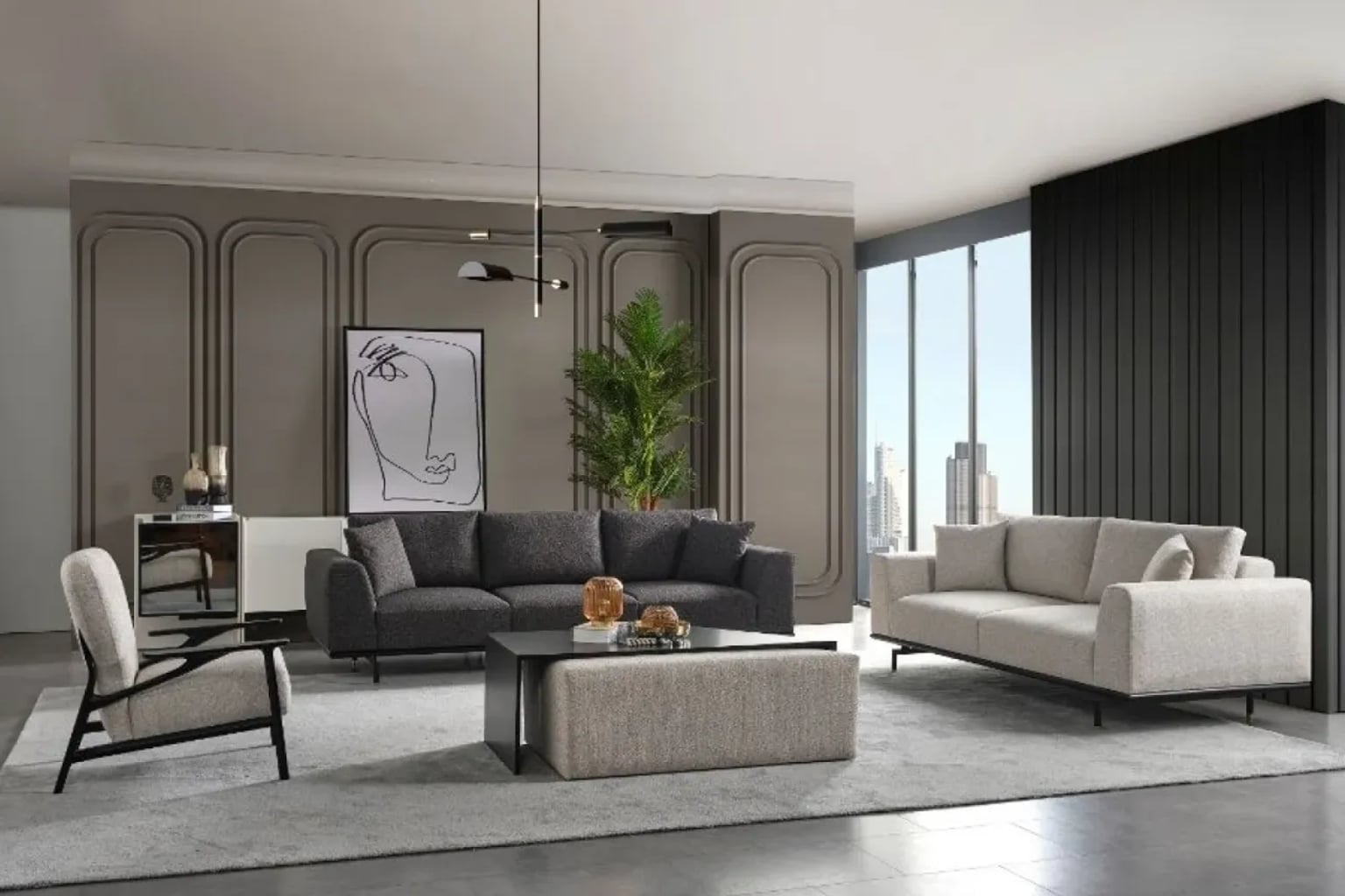 Konsol masası ve aynanın vurgulu aydınlatmayla öne çıktığı şık bir salon.