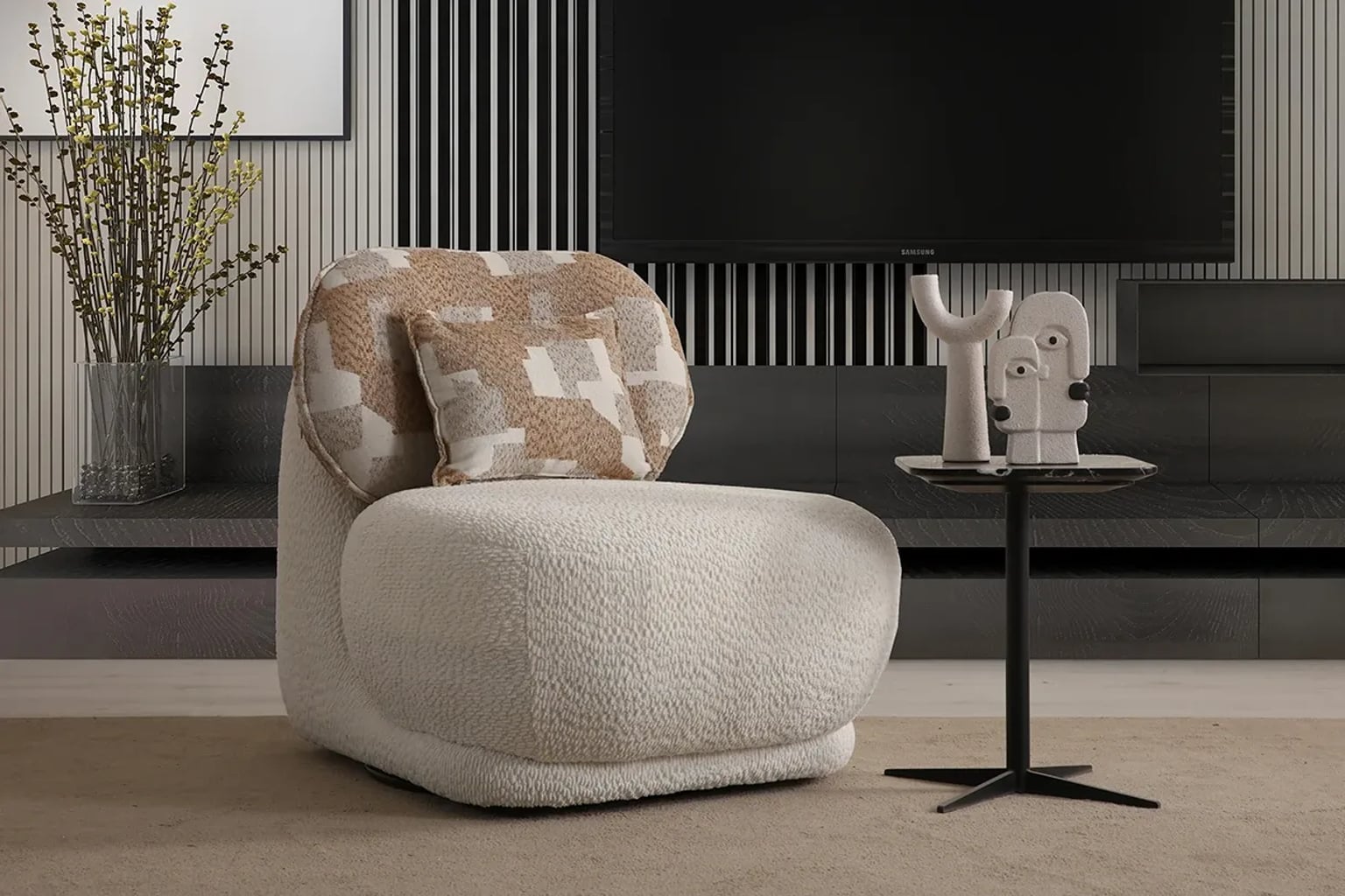 Modern salon tasarımında, doğal ahşap orta sehpa ve krem rengi kumaş koltuk takımının ön plana çıktığı sıcak ve davetkar bir atmosfer.
