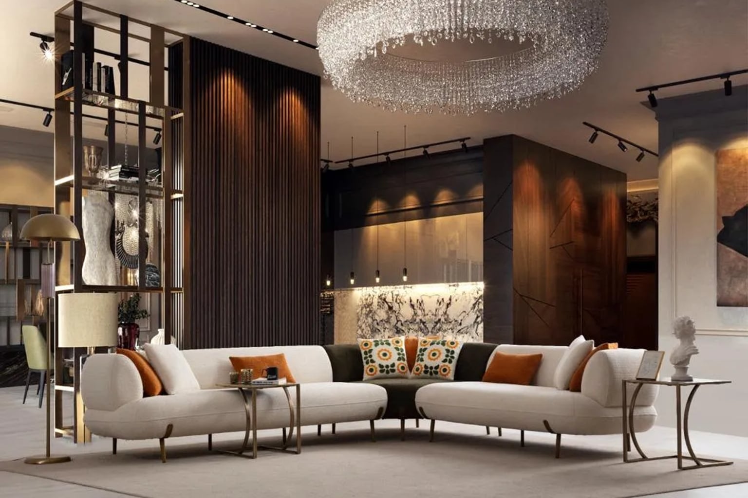 Aydınlık ve ferah bir salon, açık renkli bir koltuk takımı ve ahşap orta sehpa ile sıcak bir atmosfer.